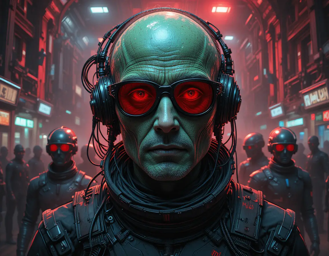 Aged humanoid alien in red lit futuristic close up