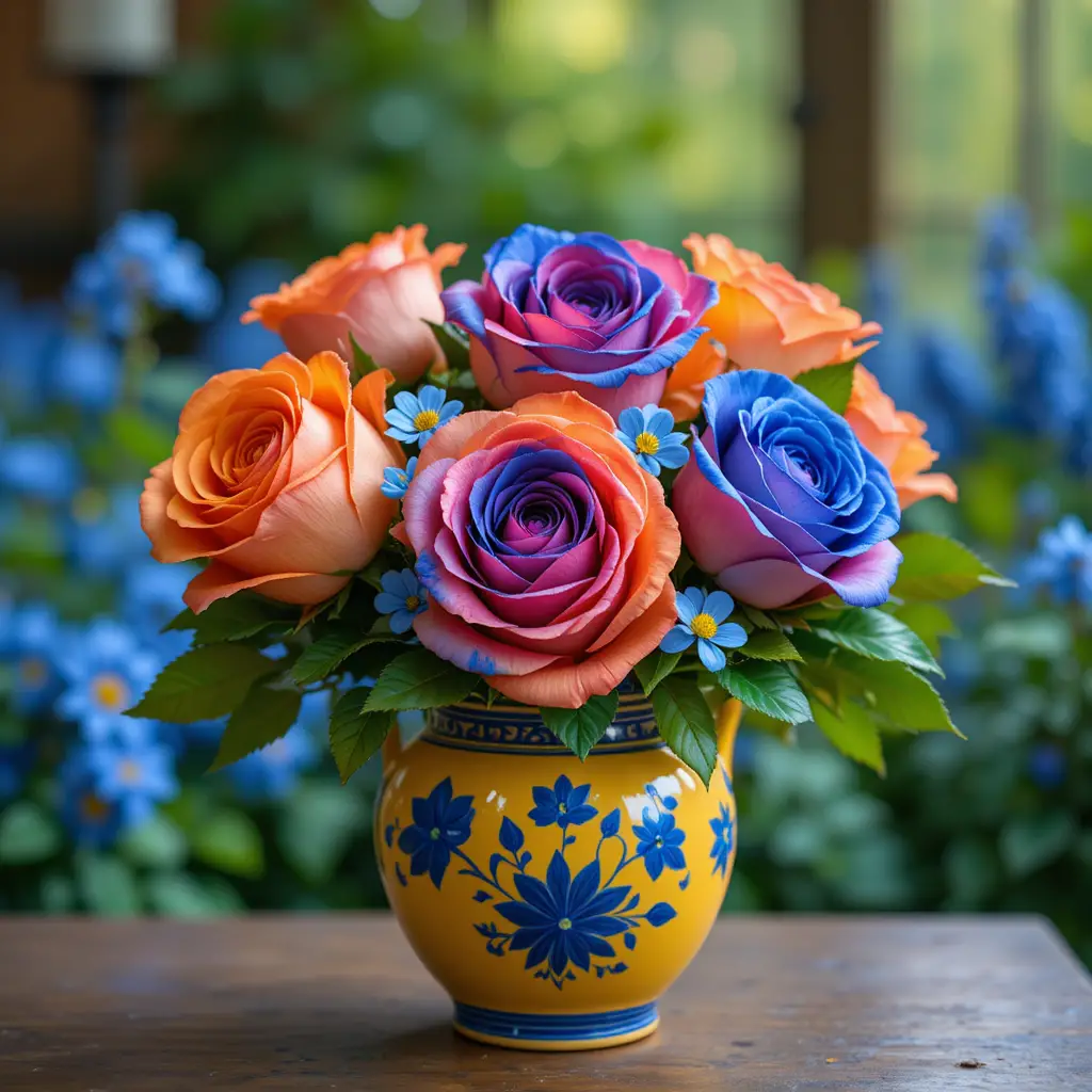 Rose colorate in un vaso di ceramica giallo su legno