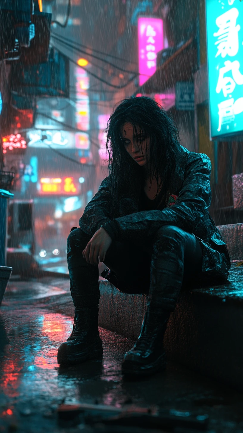 Melancholic woman in neon alley cyberpunk city scene