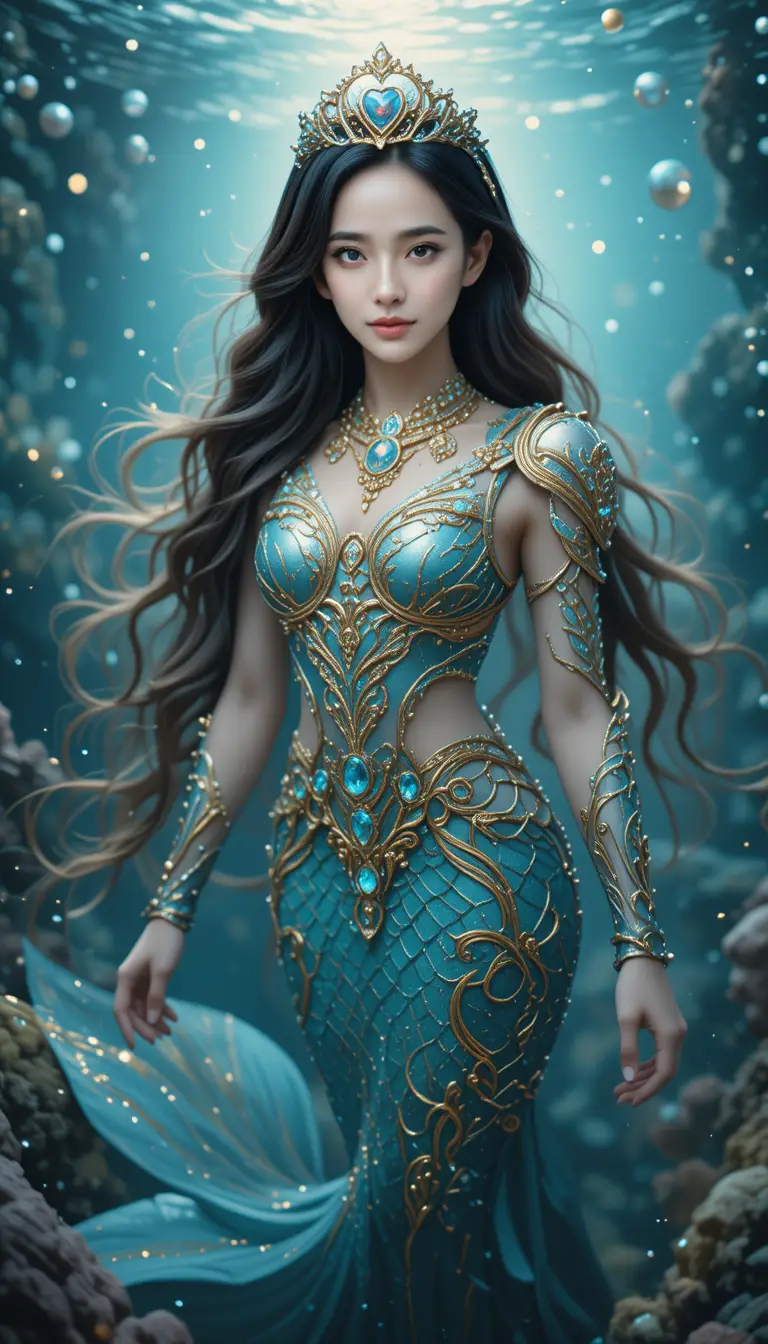 Elegant mermaid queen swimming through a glowing underwater realm