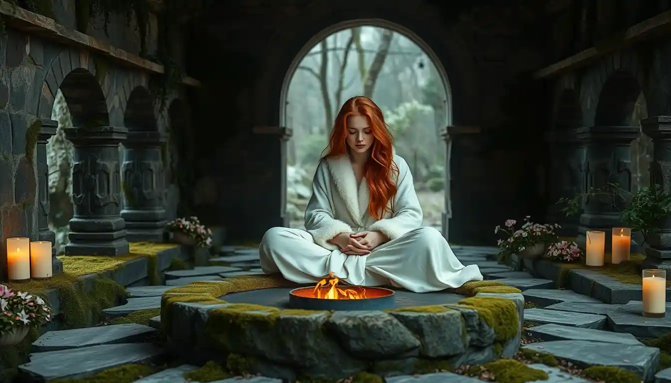 Red haired woman meditating on a mossy altar of fire