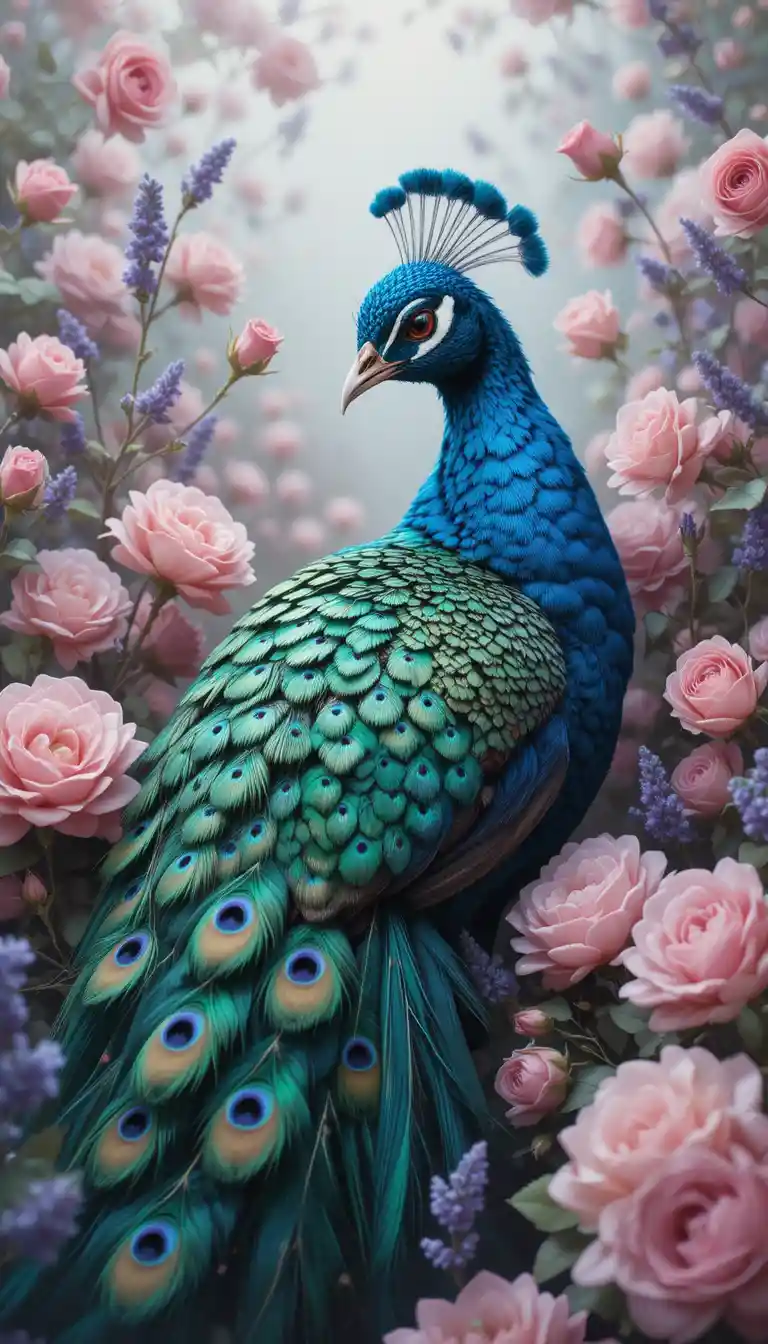 Colorful peacock resting among pink roses and lavender