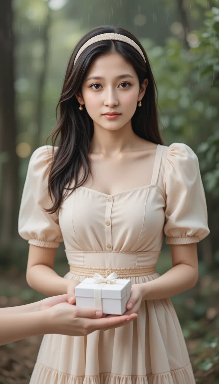 Young woman receiving a small white gift box outdoors