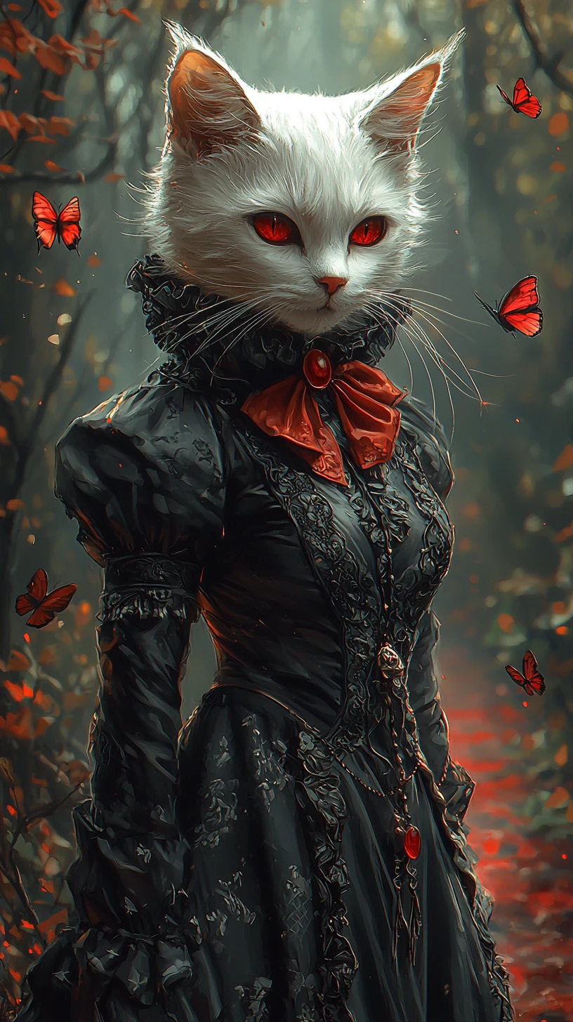 White gothic cat on a blood red path in dark forest