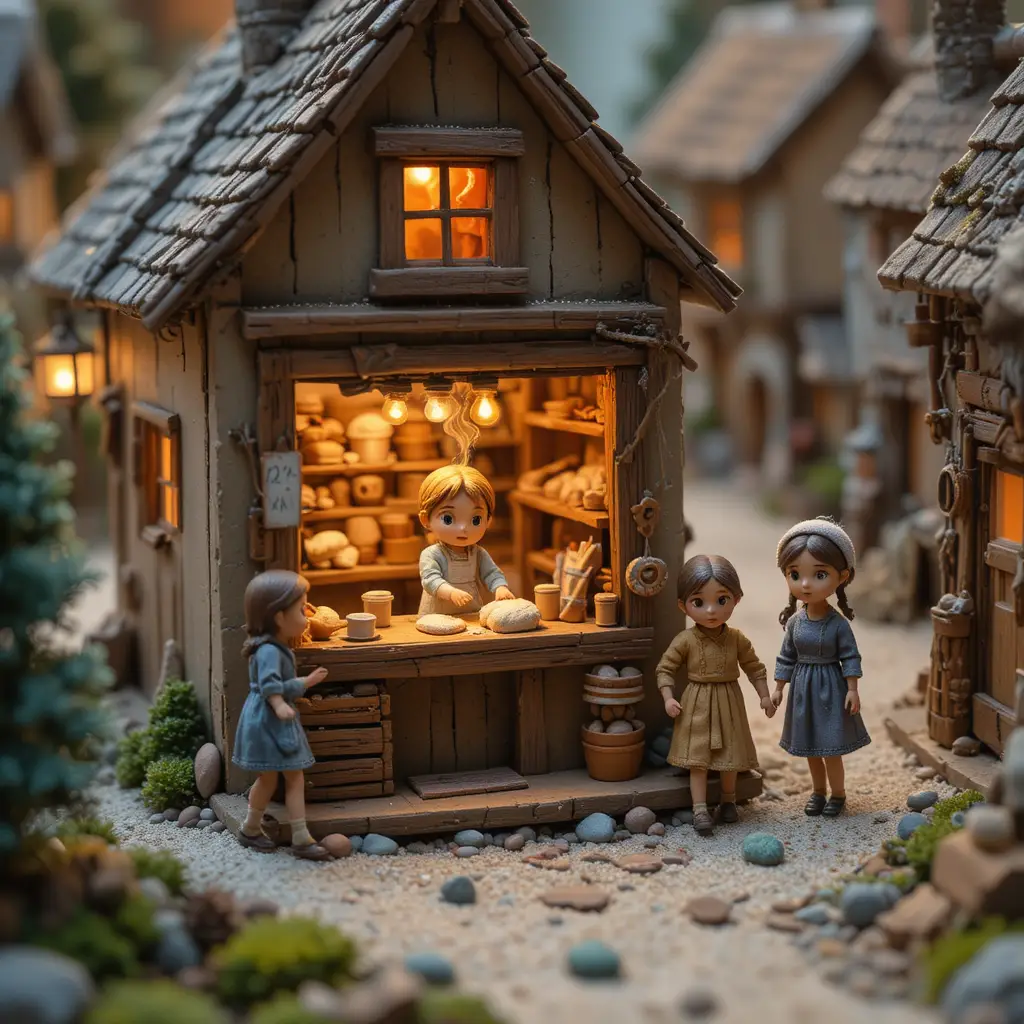 暖かな灯りがともるミニチュア村の小さなパン屋