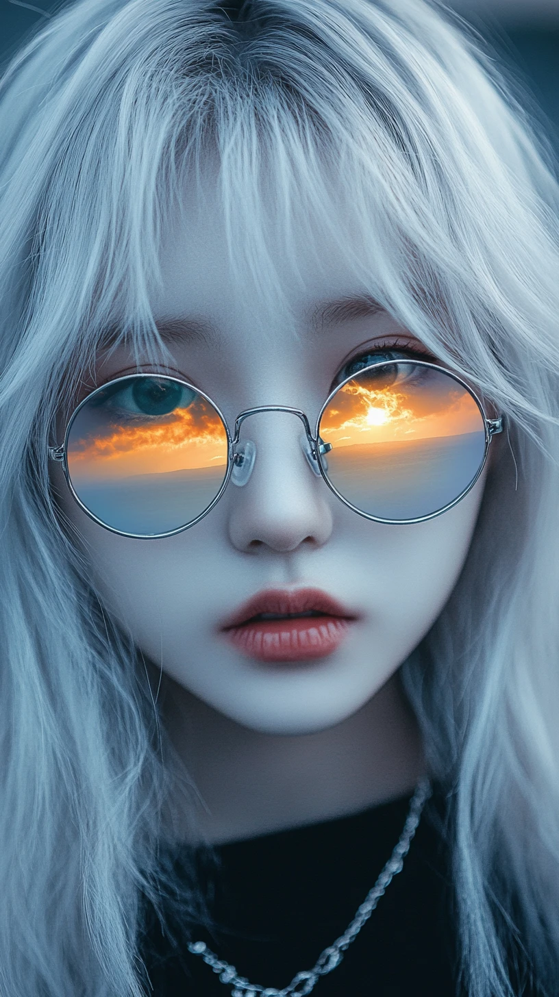 Blue eyed manga girl with glasses and sunset reflection