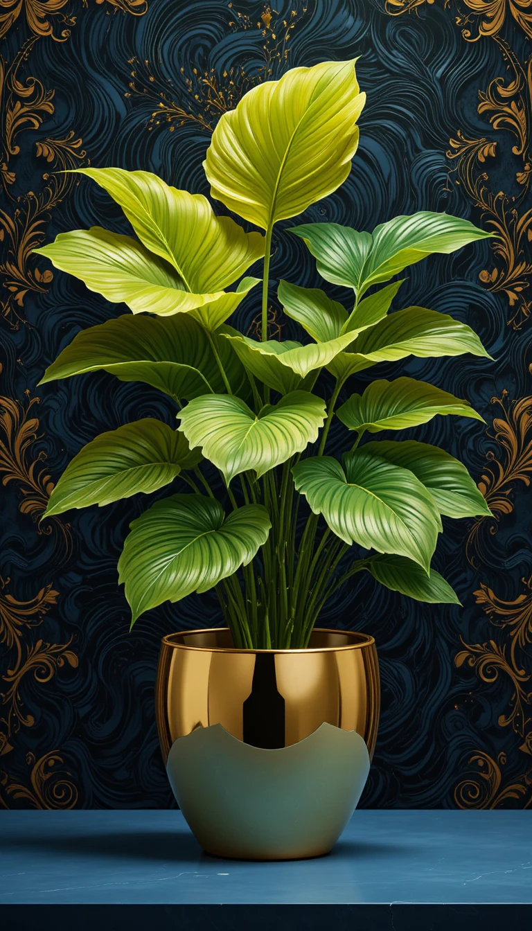 青い背景にハート形の葉をつけた金色の鉢植え植物