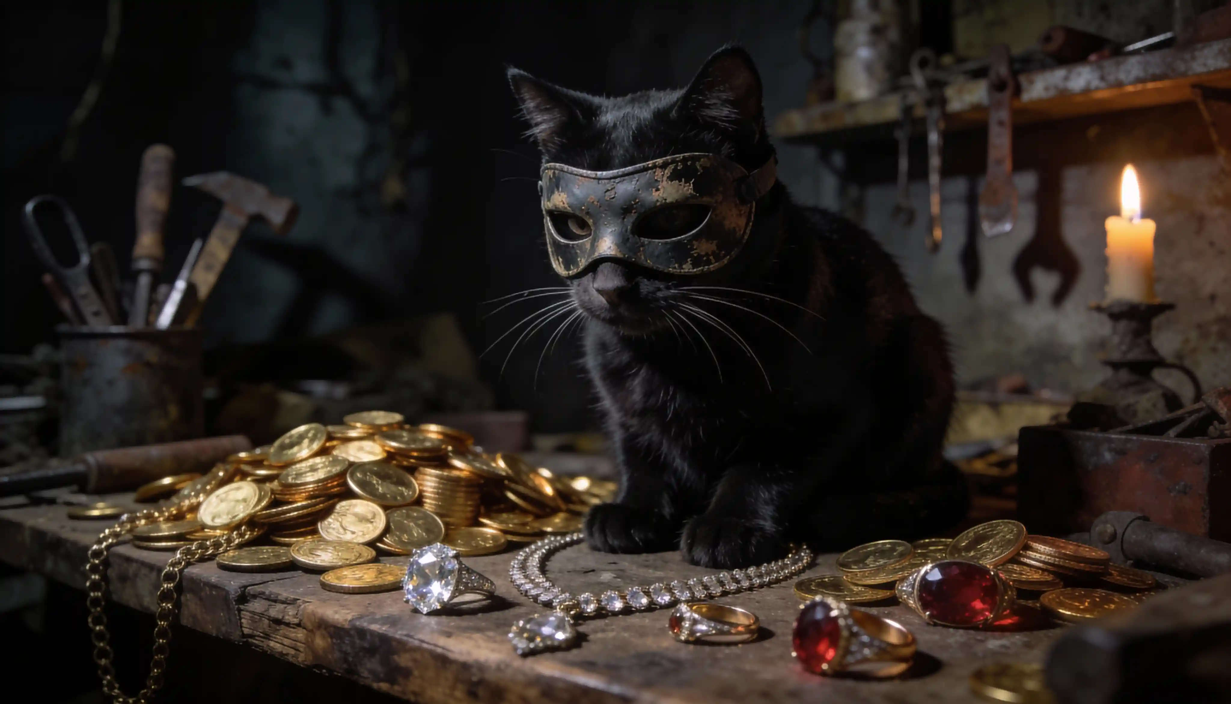 Schwarze Katze mit Maske starrt auf funkelnden Schmuckschatz