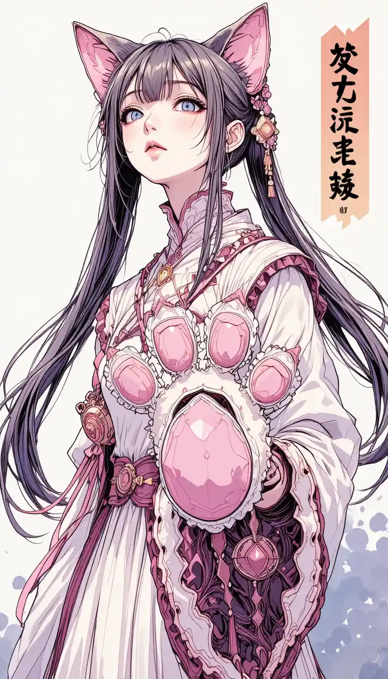 巨型粉紅貓掌武器的動漫少女特寫