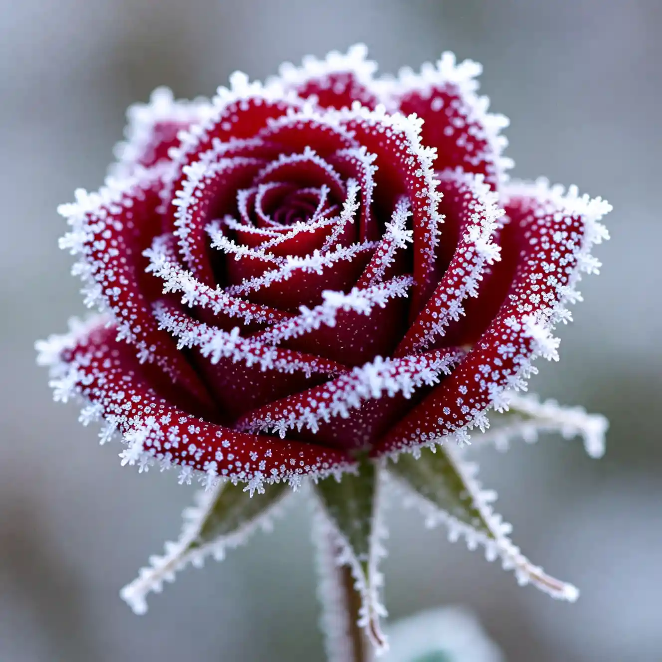 Rose cramoisie gelée, couverte d’un délicat givre d’hiver