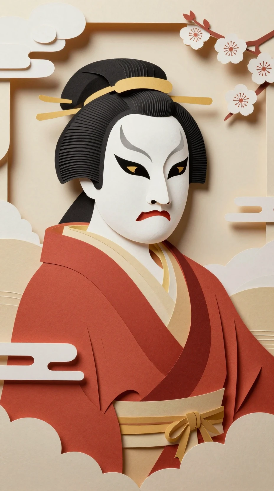 Kabuki performer in layered paper art with festive background
