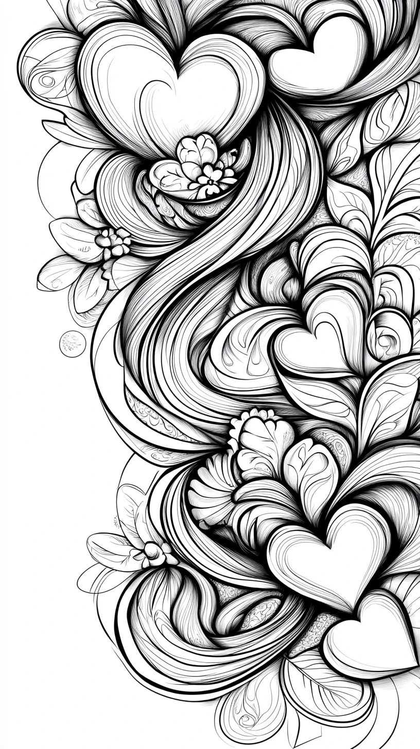 Art linéaire abstrait de cœurs et de fleurs à colorier