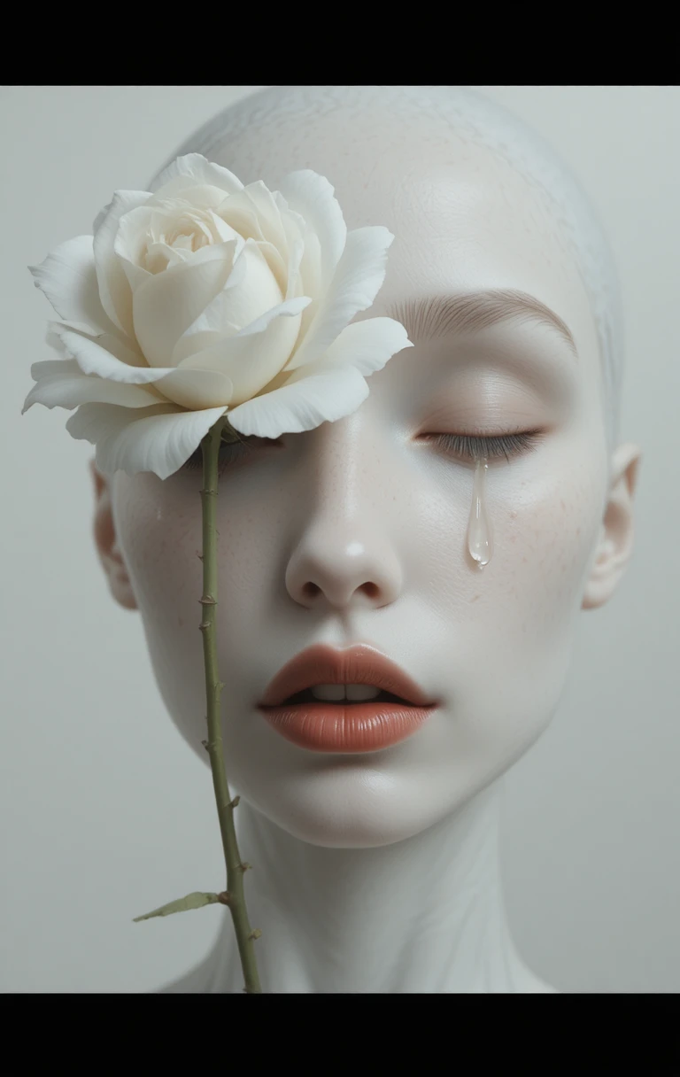 Portrait surréaliste en gros plan d’une femme avec une rose blanche