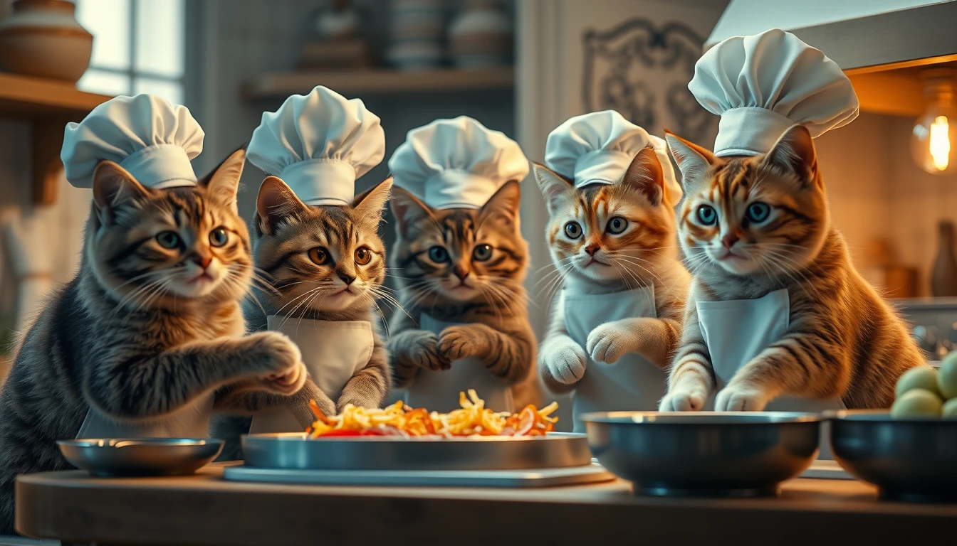 Cute cats cooking together in a cozy warm kitchen