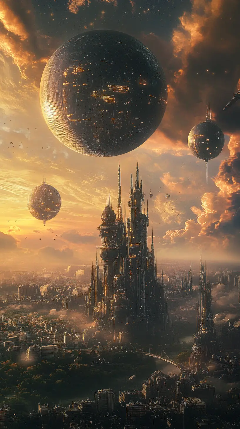 Vast alien city of spires and spheres in sunset sky