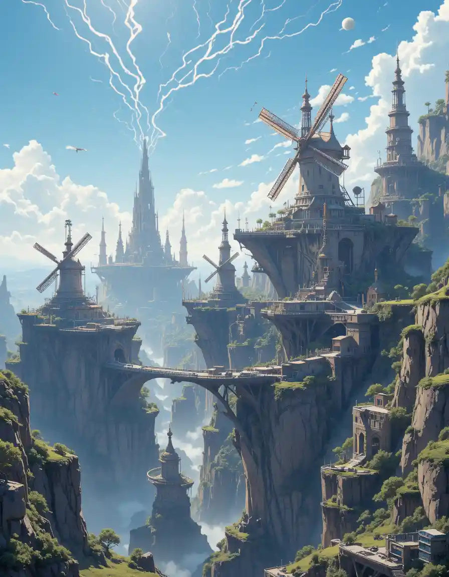 Floating Fantasy City With Arcane Windmills In Clear Blue Sky