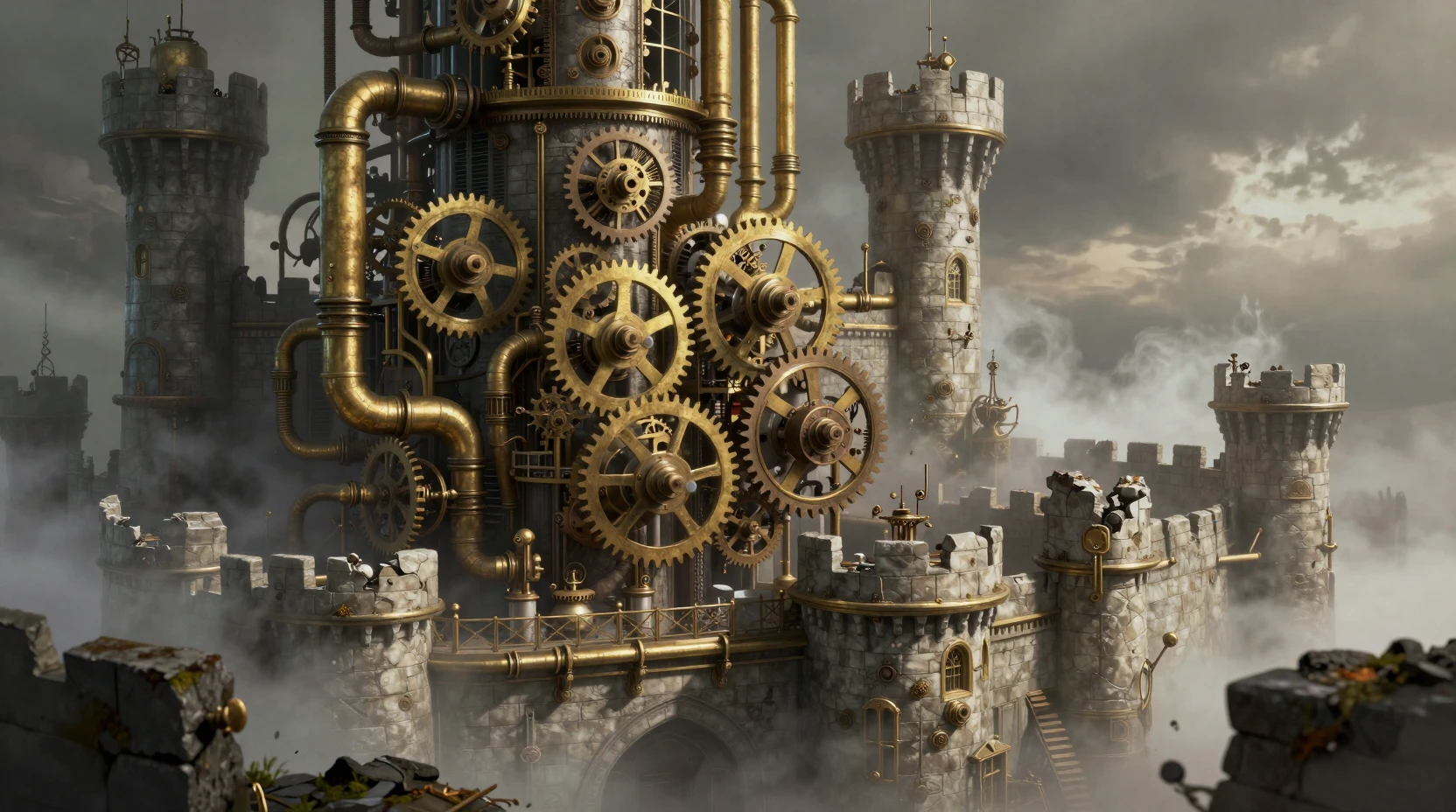 Castelo steampunk de engrenagens e bronze em névoa em turbilhão