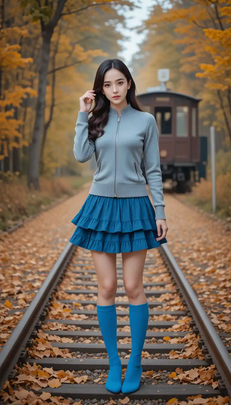Young woman posing on vintage railway tracks in autumn