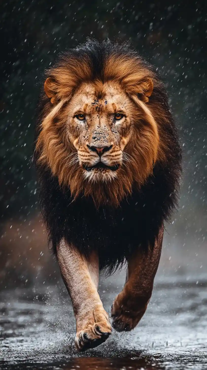 Roaring male lion walking in heavy rain toward camera