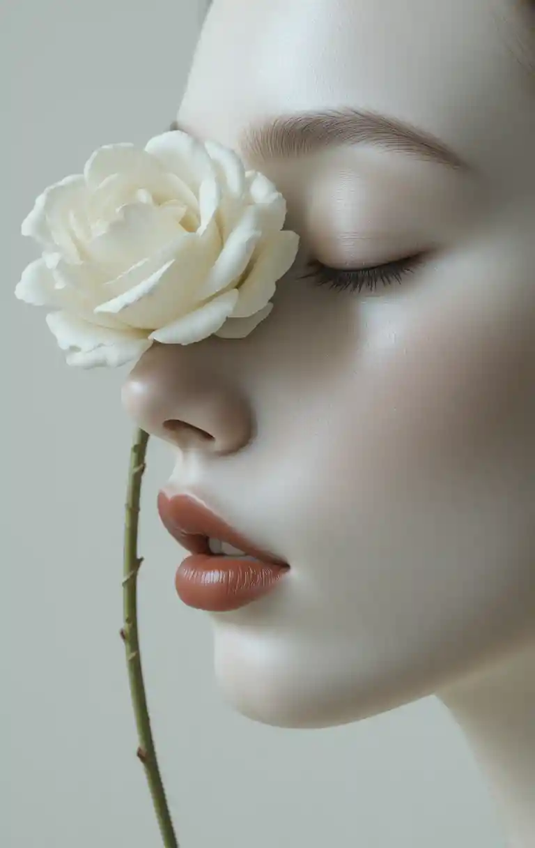 Surrealer Nahaufnahme einer Porzellanfrau mit weißer Rose
