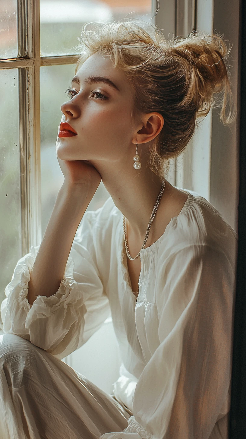 Elegant young woman in profile by a sunlit window