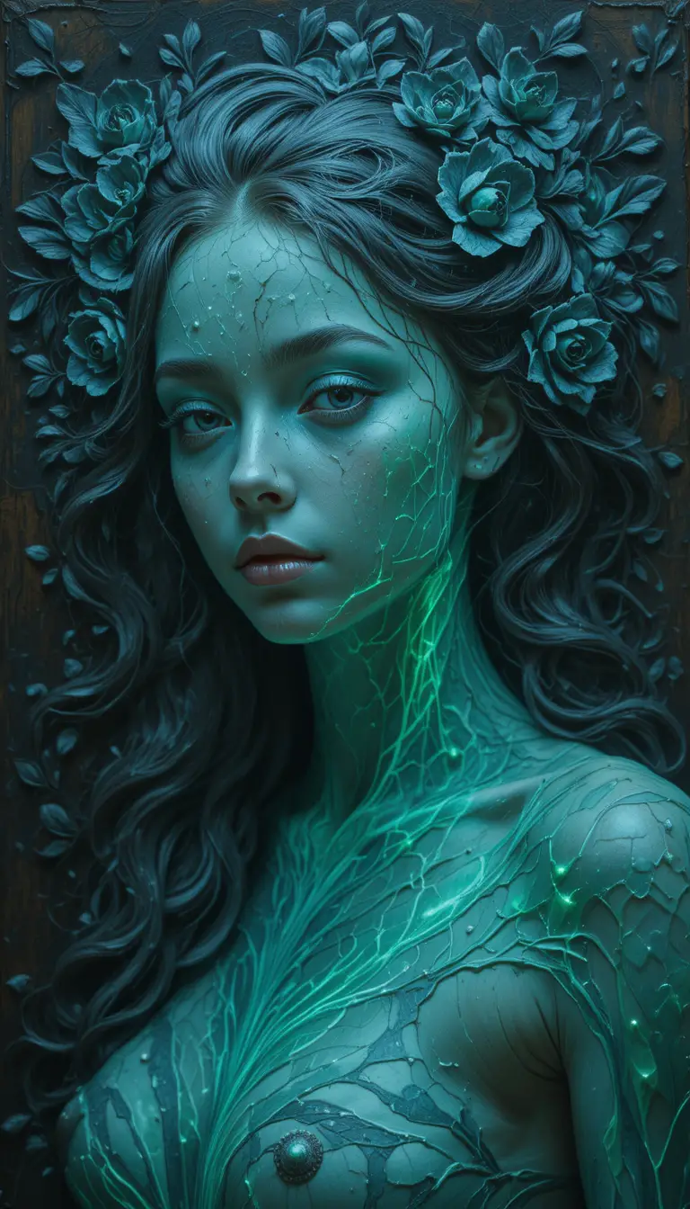 Mythic woman emerging as glowing nature deity on canvas