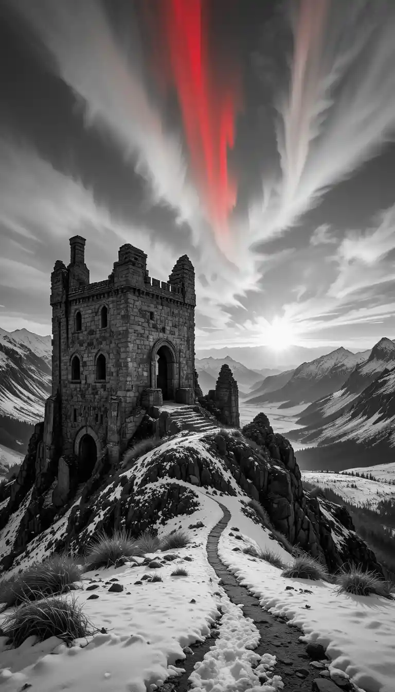 Ruinas de Castillo en Montaña Nevada al Atardecer con Aurora Roja