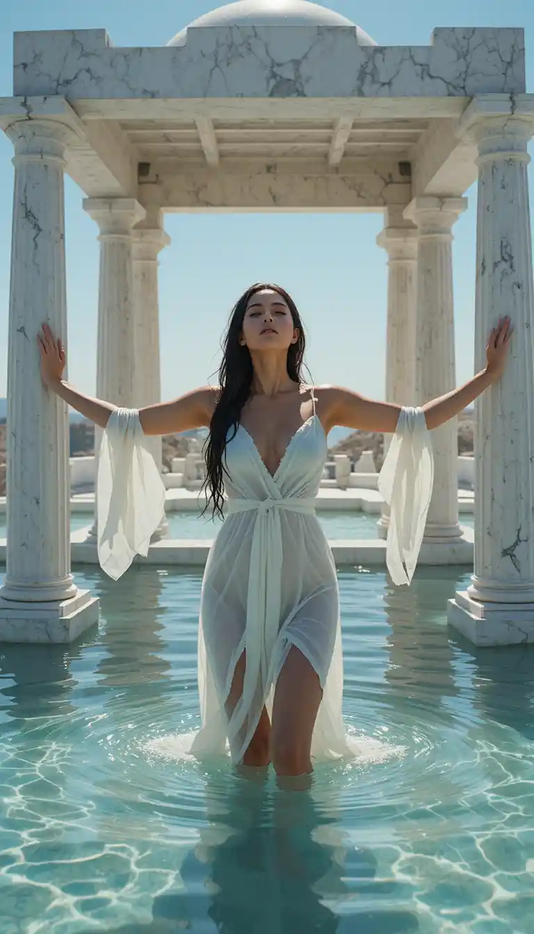 Donna greca alla luce del sole presso un padiglione sul mare a Santorini
