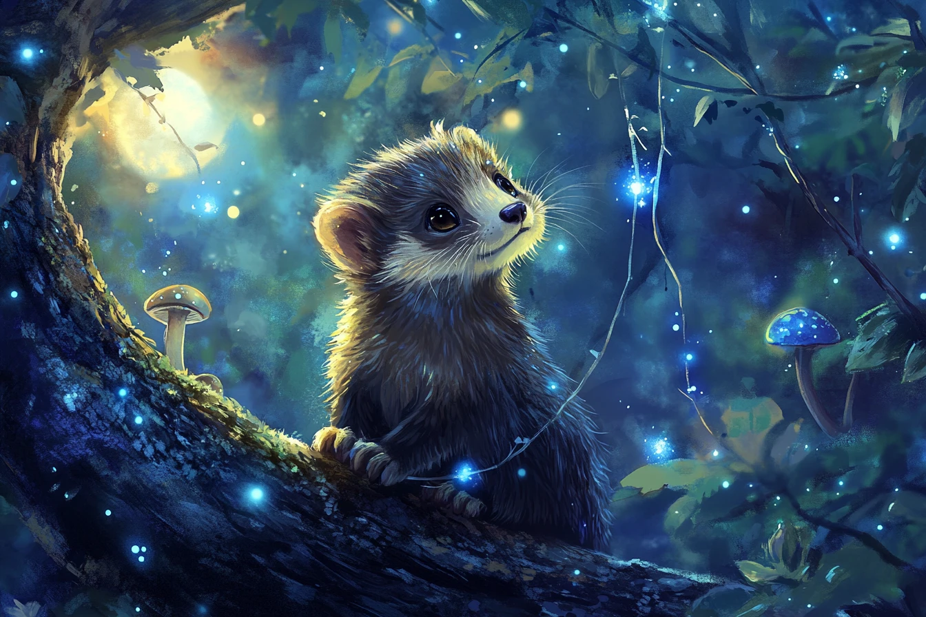 Dolce cucciolo di furetto sulla vite in una foresta magica notturna
