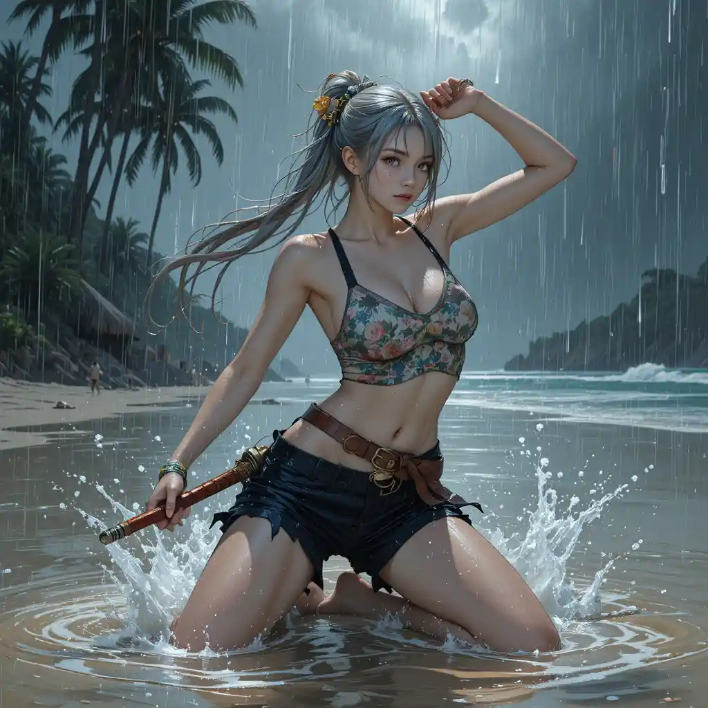 暴風雨海灘上斬破雨幕的女戰士