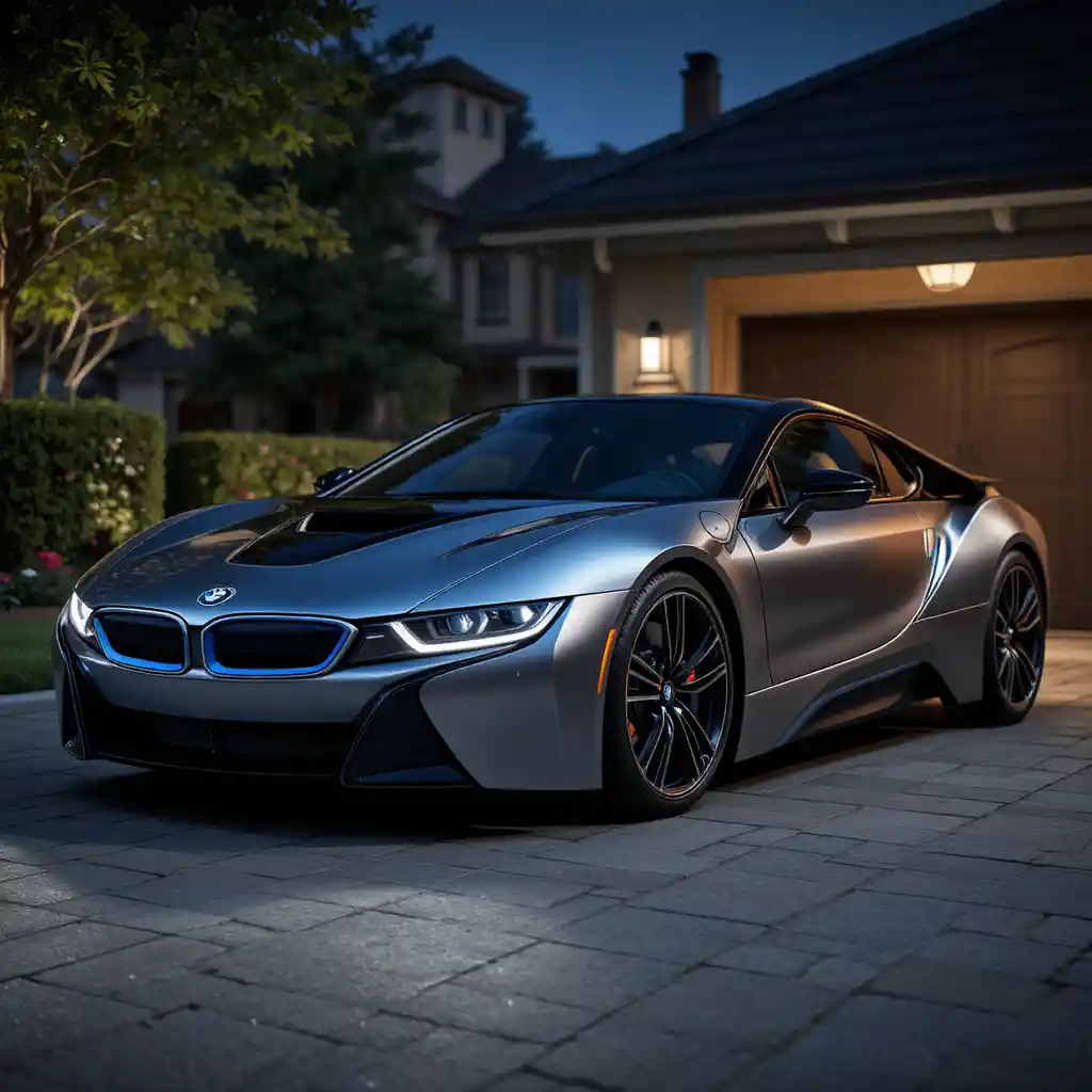 Dark silver sports car parked on a quiet driveway at night