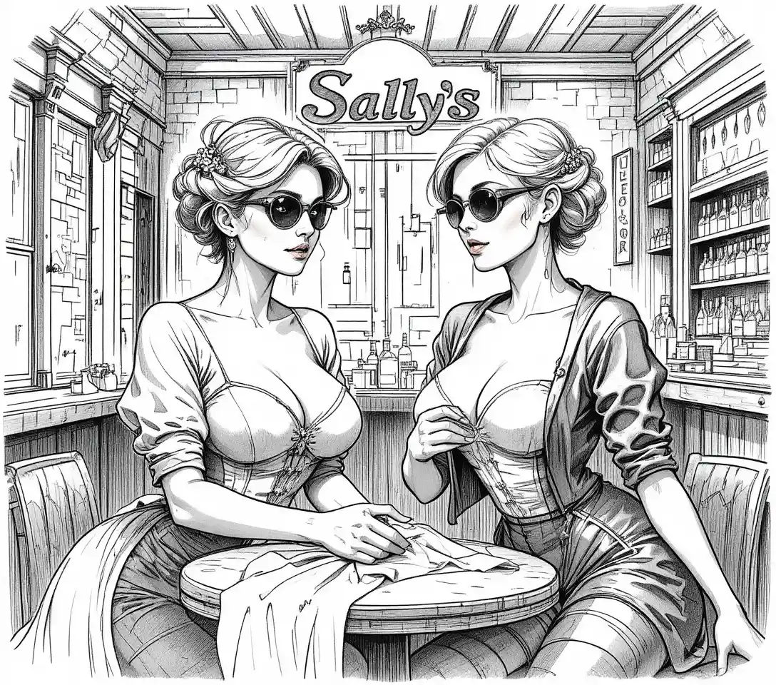 Two middle aged women in a rustic stone interior
