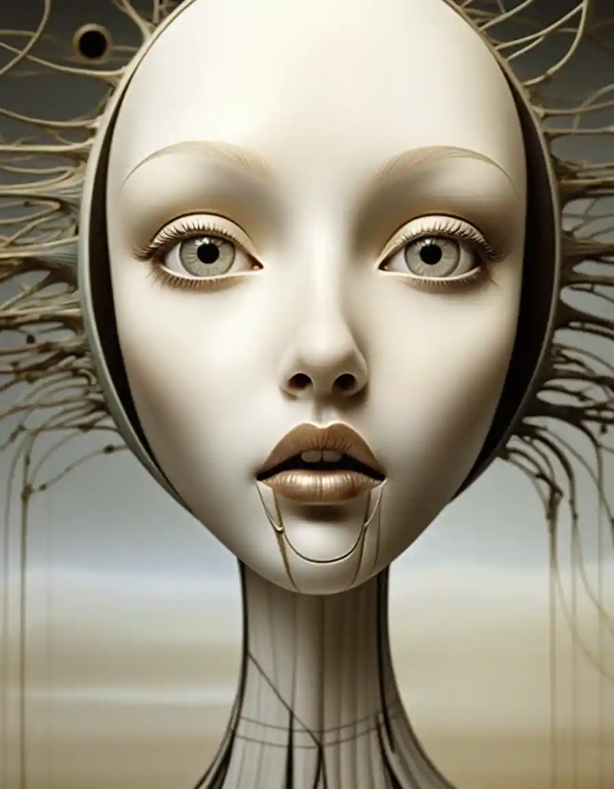 Surreal female portrait with porcelain face and golden details