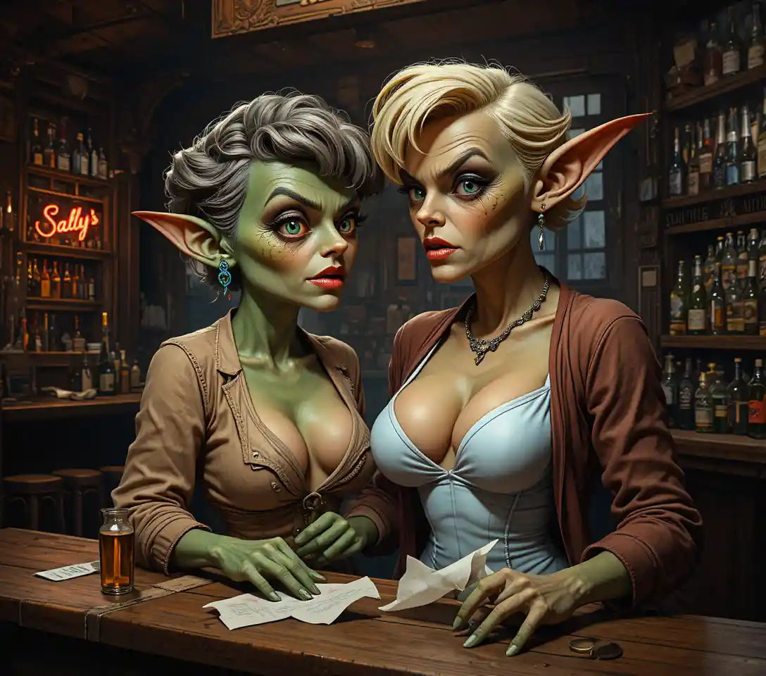 Two middle aged women in a rustic stone interior