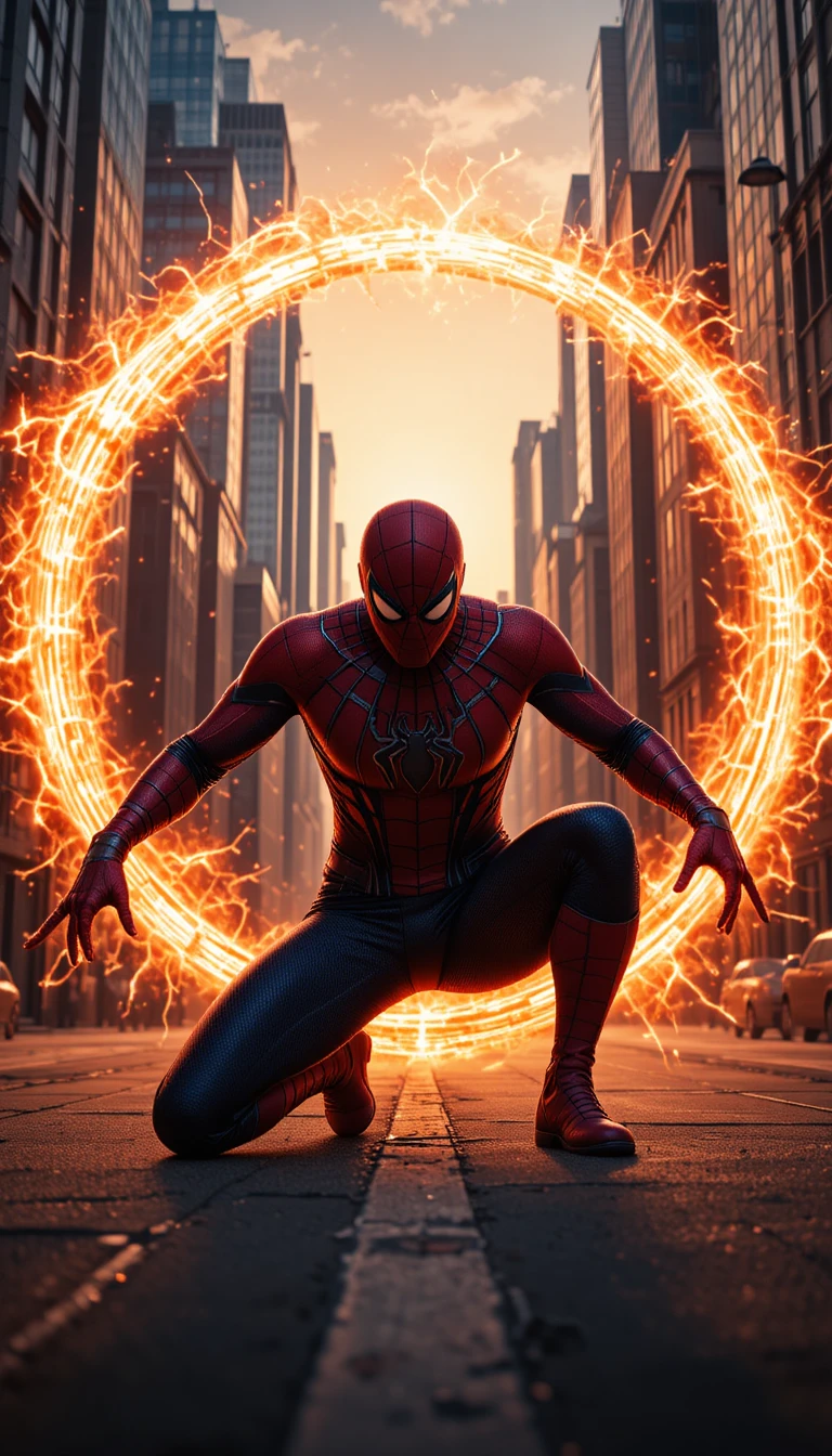 Super-herói ajoelhado na rua da cidade diante de portal brilhante