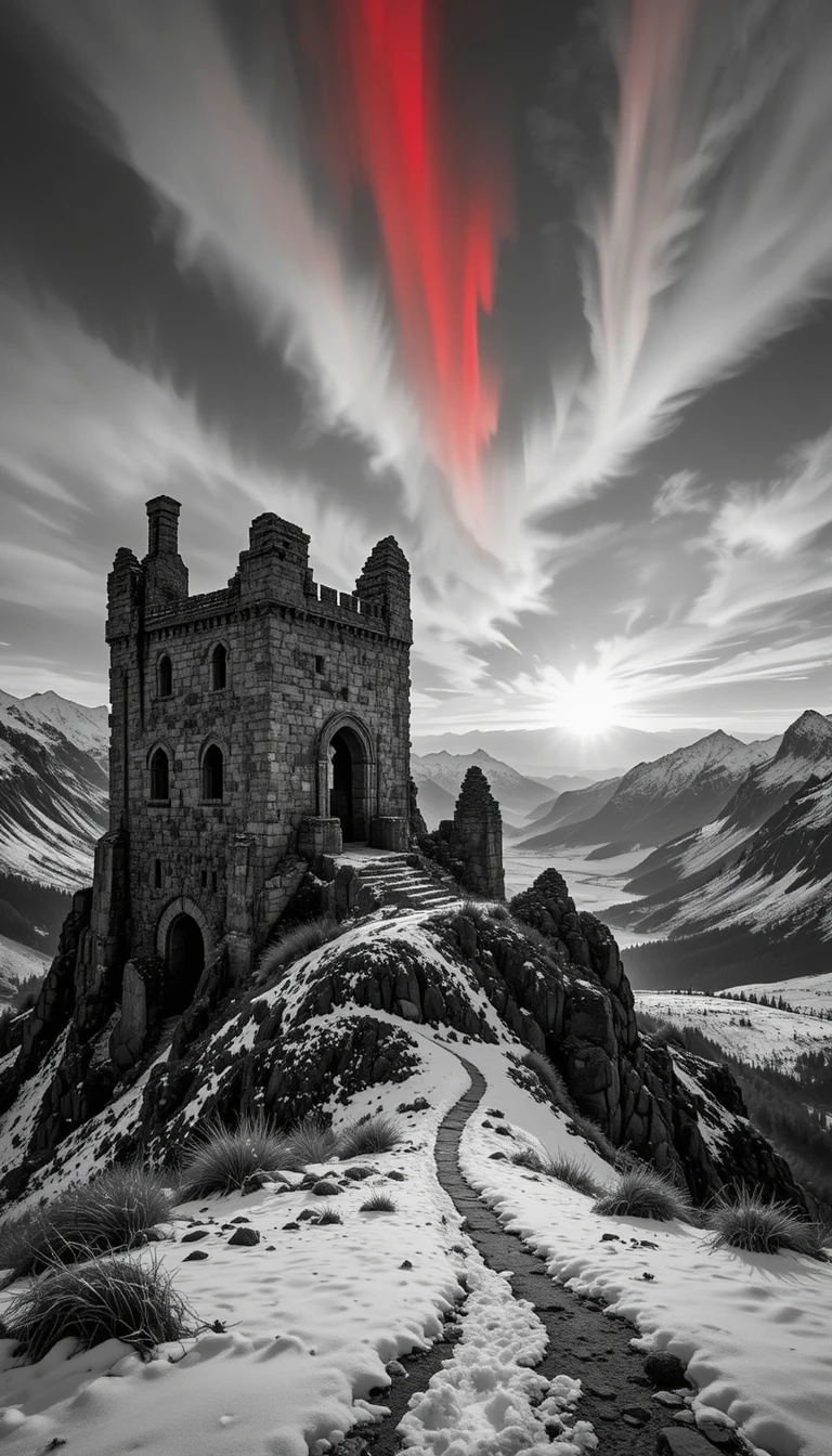 Ruinas de Castillo en Montaña Nevada al Atardecer con Aurora Roja