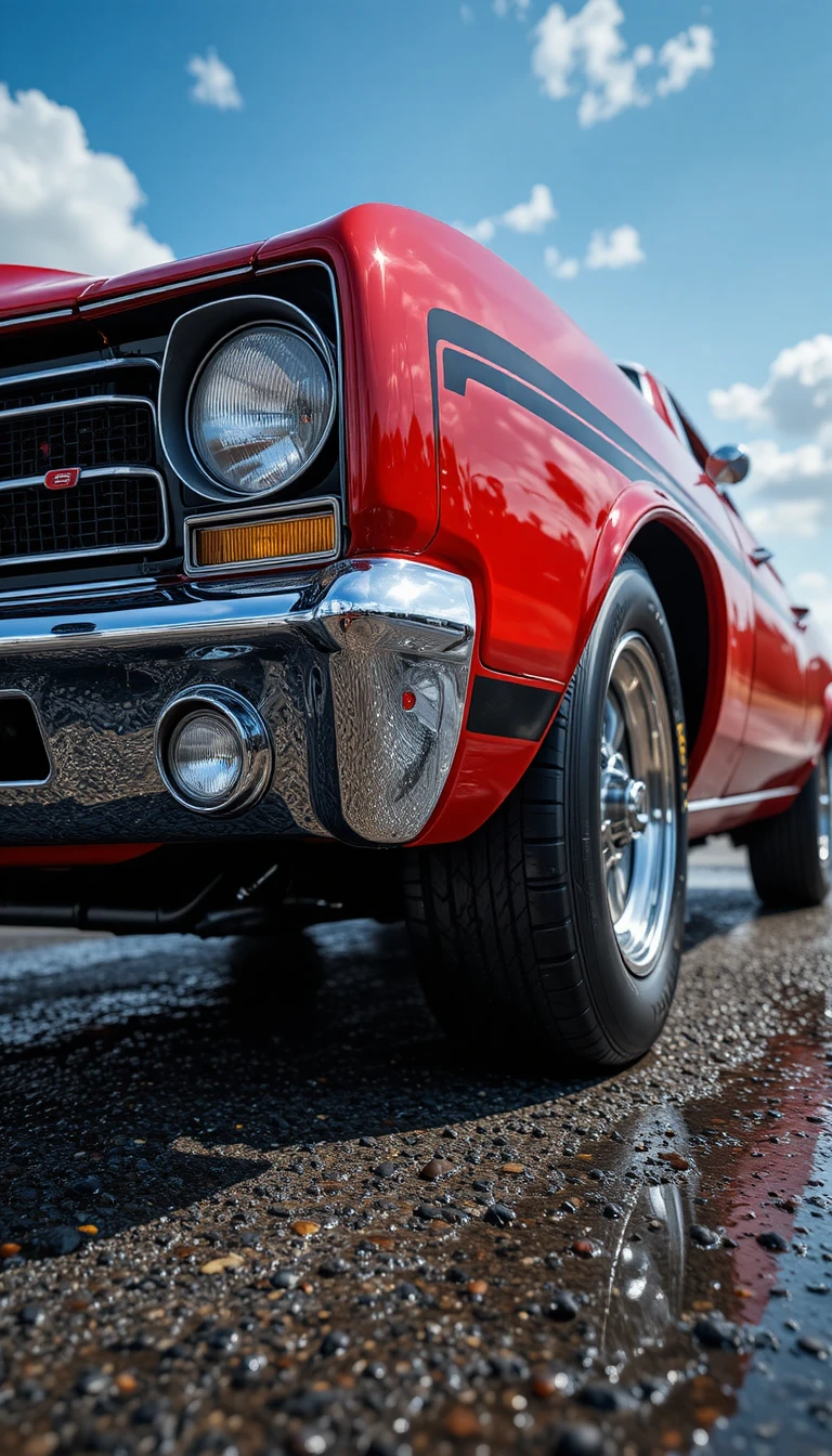 Gros plan en contre-plongée sur l’avant d’une muscle car rouge vintage
