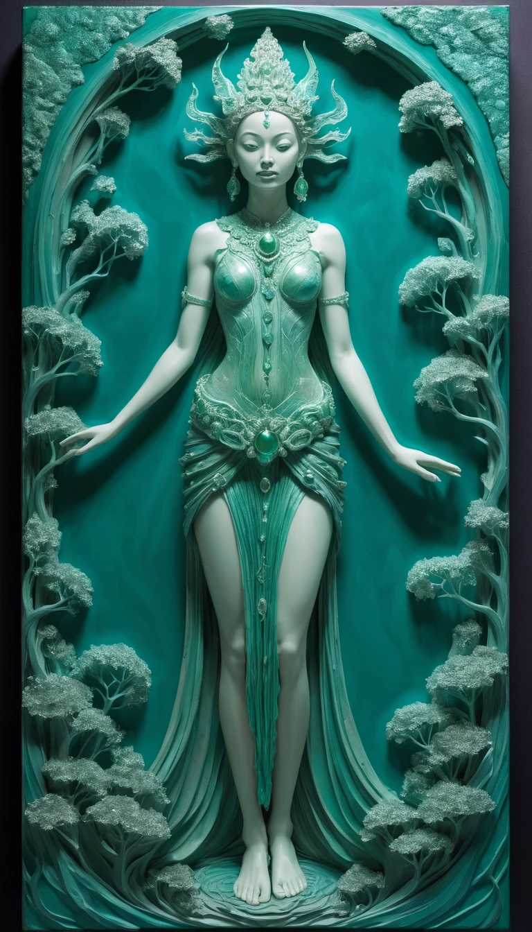 Ethereal full body goddess in glowing teal bioluminescent light