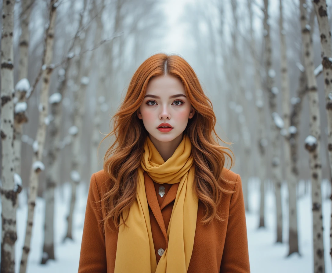 Red haired woman in coat standing in snowy birch grove