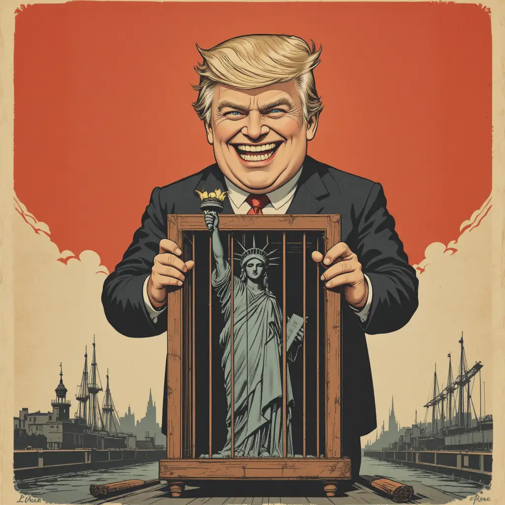 Political caricature towering over caged statue of liberty