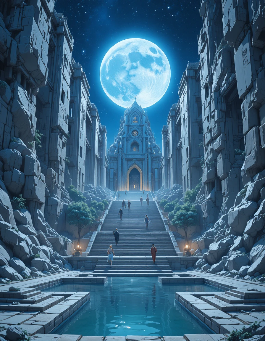 Colossal White Stone Temple Under A Luminous Night Moon