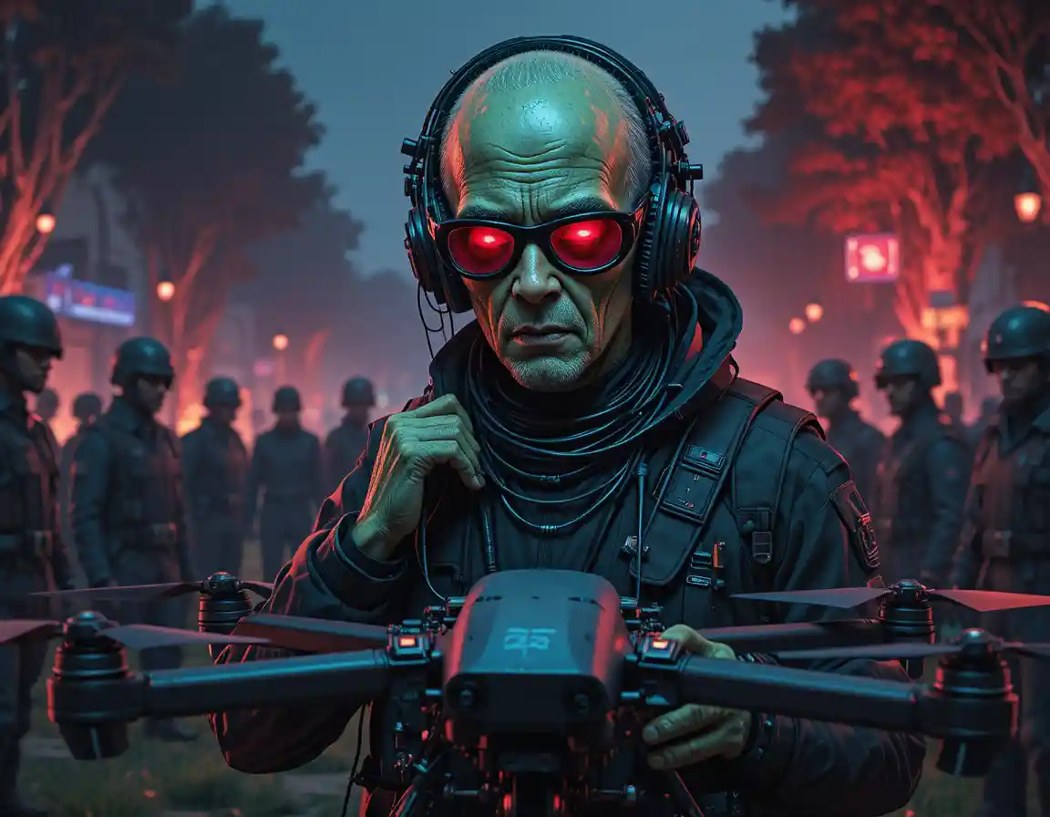 Soldats en tenue de camouflage préparant un grand drone noir en extérieur