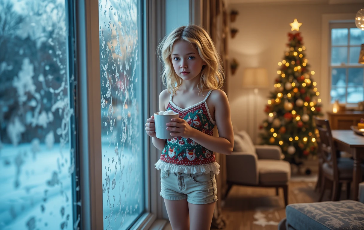 Young girl with hot chocolate by a frosty window