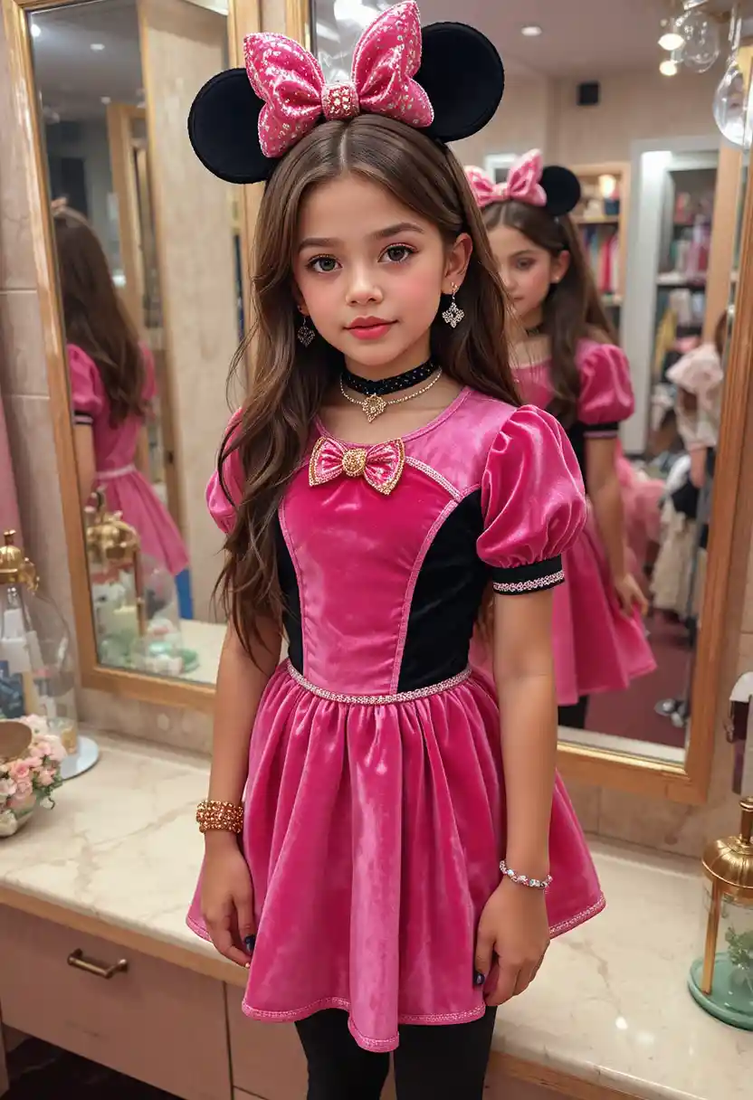 Tween boy in pink minnie dress at boutique vanity