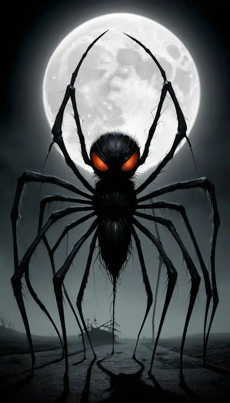 Grotesque spider creature stalking under an eerie full moon