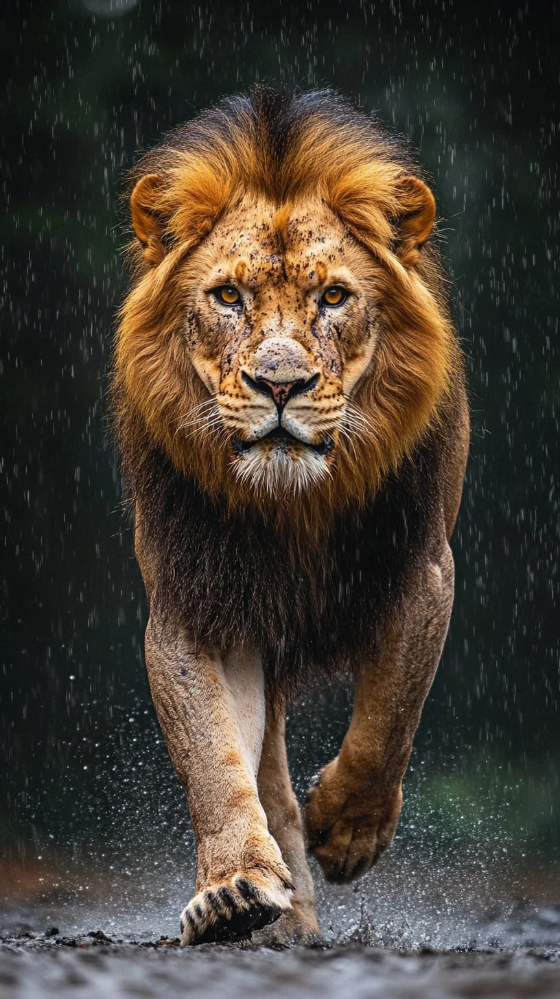Brüllender Löwe läuft im starken Regen auf die Kamera zu