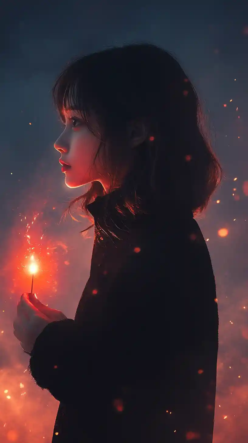 Backlit young woman holding a match in the night