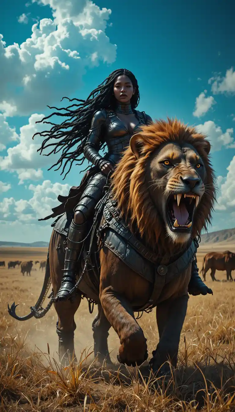 Guerriera africana che cavalca un leone preistorico ruggente