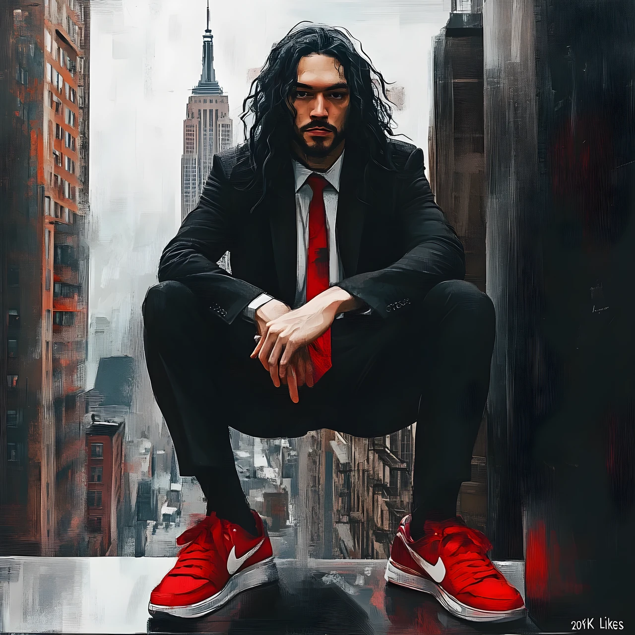 Man in black suit on Empire State Building rooftop