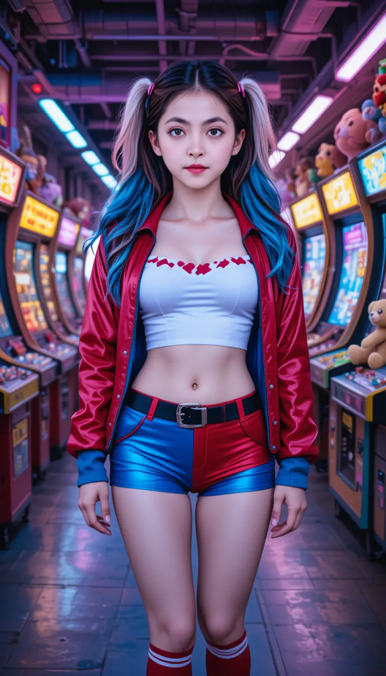 Harley Quinn inspired woman in colorful arcade interior